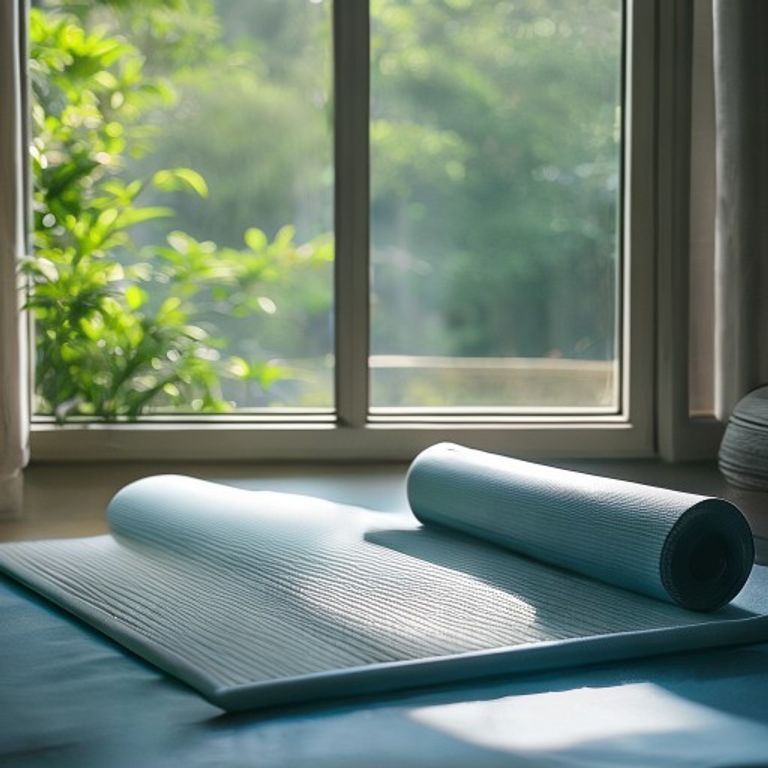 Rolled meditation mat by a window overlooking a quiet outdoor garden